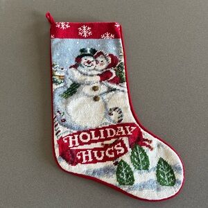 Vintage Needlepoint  Christmas Stocking Snowman Red Velvet